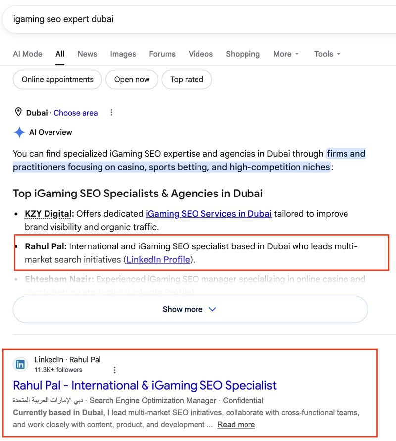 Google search results for igaming seo expert dubai. The AI Overview lists Rahul Pal as an international and iGaming SEO specialist based in Dubai who leads multi-market search initiatives, and his LinkedIn profile, Rahul Pal, International and iGaming SEO Specialist, ranks below it.