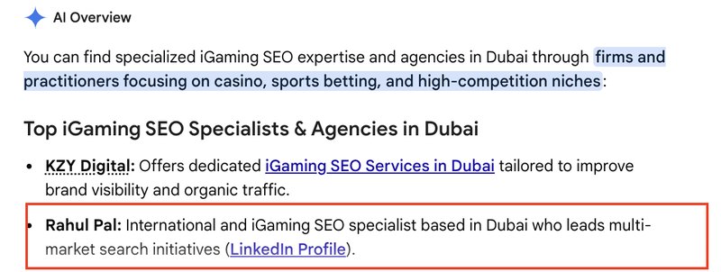 Google AI Overview for the search igaming seo expert dubai, listing Rahul Pal as an international and iGaming SEO specialist based in Dubai